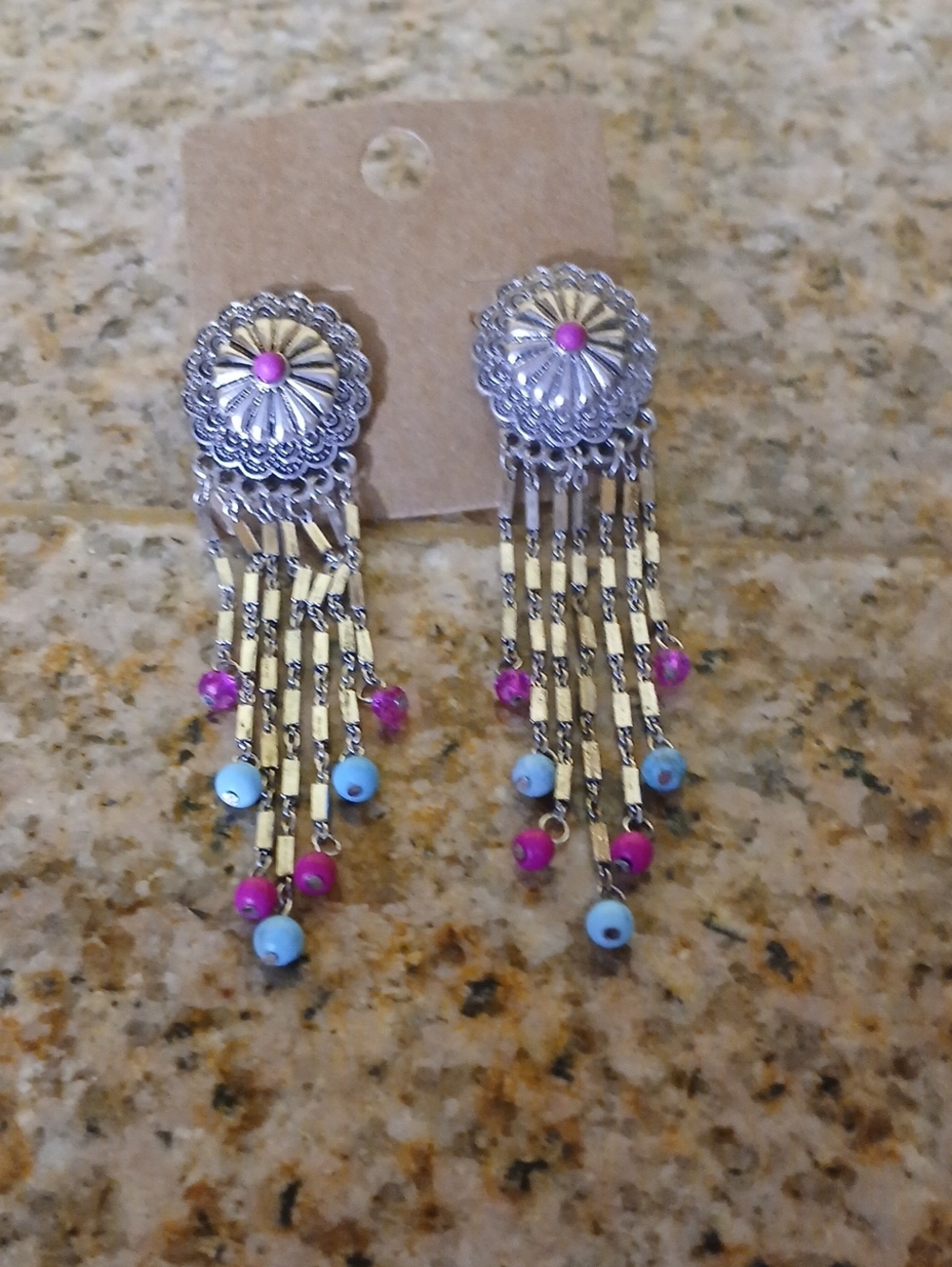 Silver Tassel Drop Earrings with Pink and Light Blue Beads